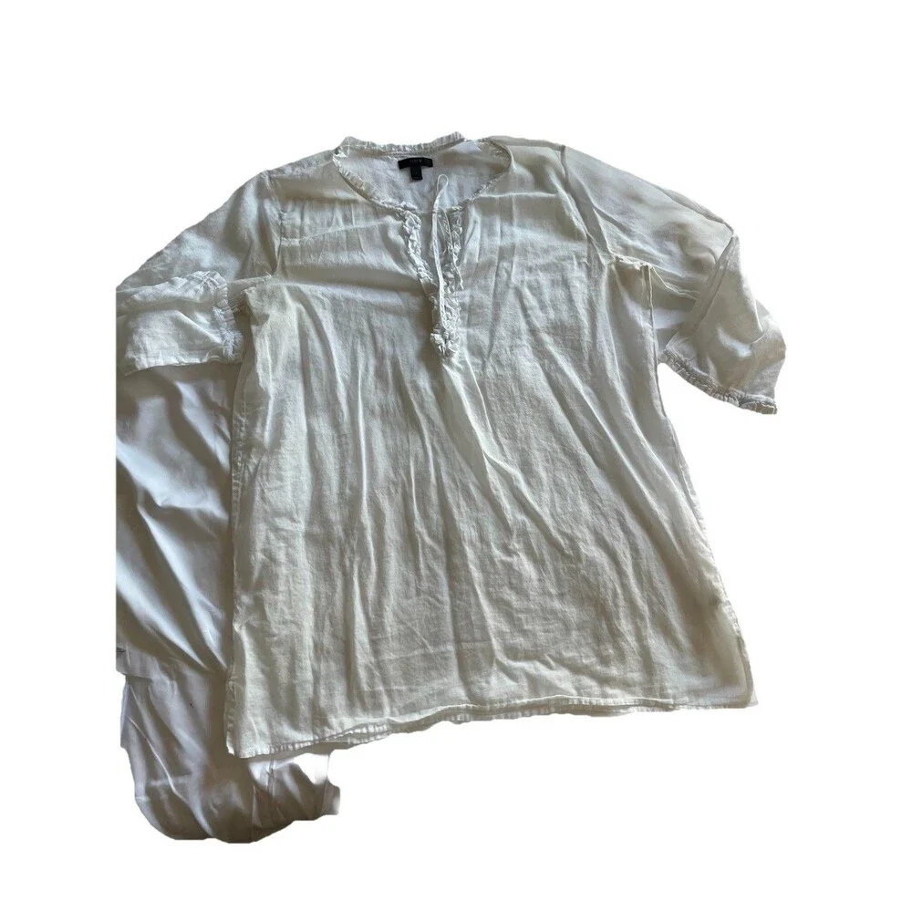 J Crew Womens Airy Popover Shirt White Gauzy V Neck Ruffle Pocket L